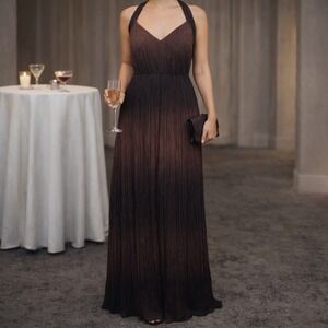 BCBGeneration Size Medium Maxi Dress Brown Ombre Pleated Halter V-Neck Gown Y2K